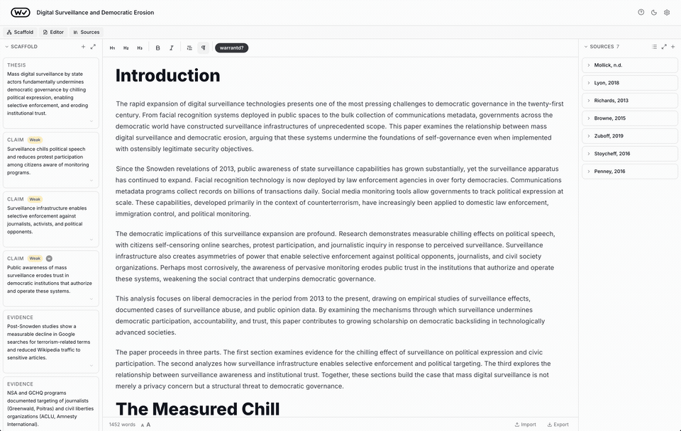 warrantd demo showing argument scaffold alongside essay editor